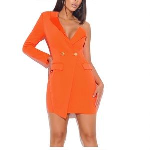 Miss Circle One Sleeved Orange Tuxedo Blazer Dress